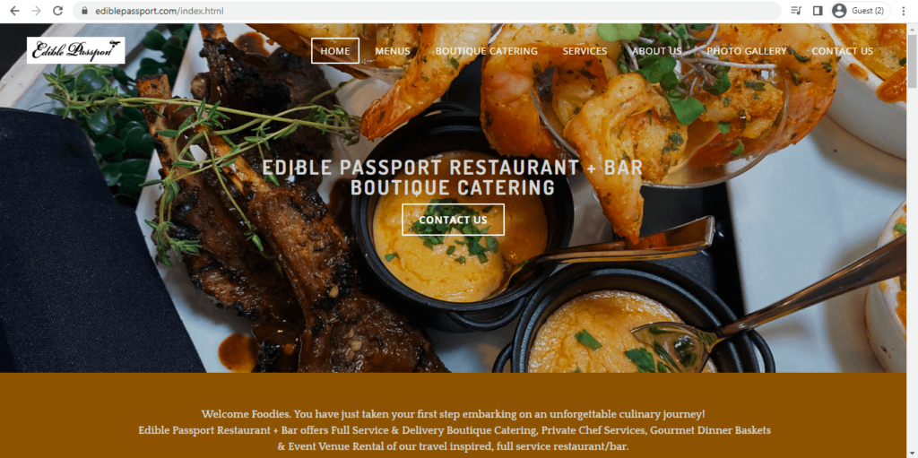 Homepage of Edible Passport Restaurant & Bar 
Link: https://ediblepassport.com/index.html