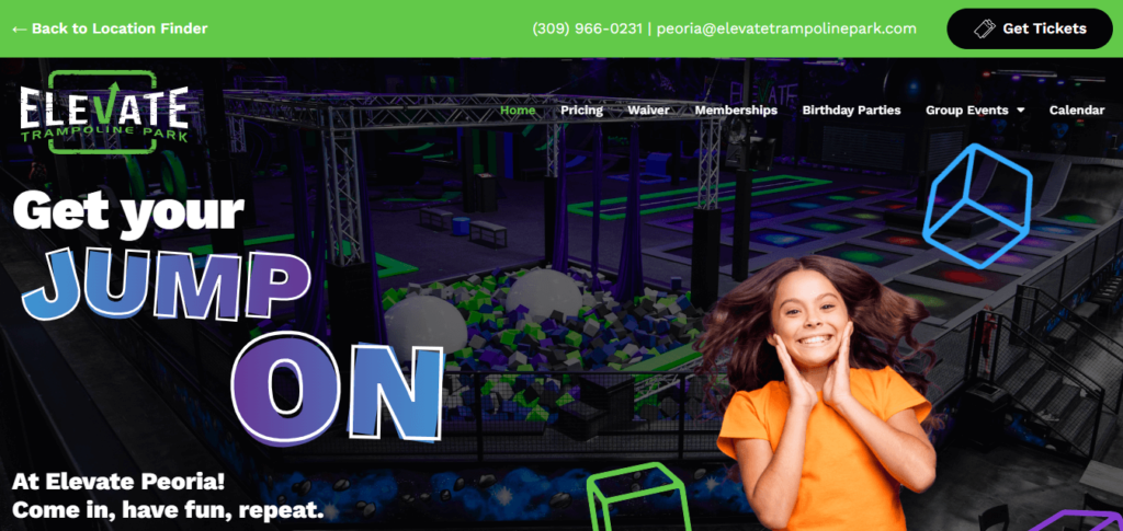 Homepage of Elevate Trampoline Park (Peoria) / elevatetrampolinepark.com/peoria


Link: https://elevatetrampolinepark.com/peoria/
