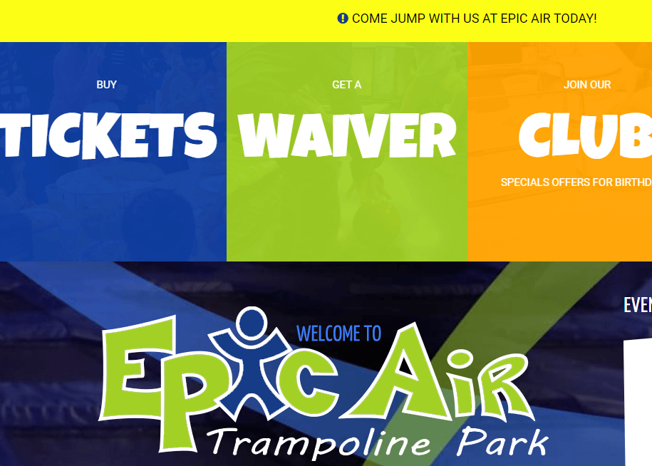 Homepage of Epic Air Trampoline Park / epicairpark.com


Link: https://www.epicairpark.com/
