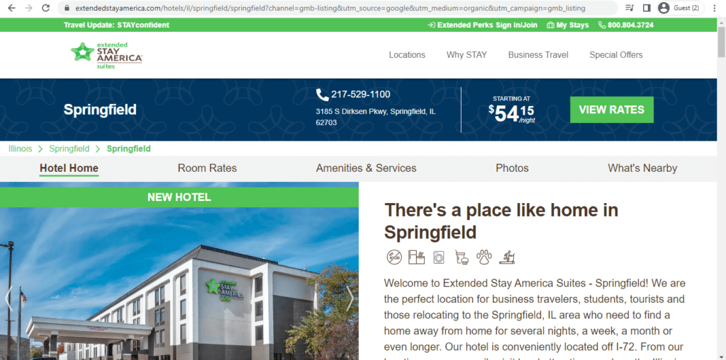 Homepage of Extended Stay America – Springfield 
Link: https://www.extendedstayamerica.com/hotels/il/springfield/springfield?channel=gmb-listing&utm_source=google&utm_medium=organic&utm_campaign=gmb_listing