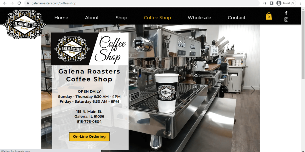 Homepage of Galena Roasters Coffee Shop 
Link: https://www.galenaroasters.com/coffee-shop
