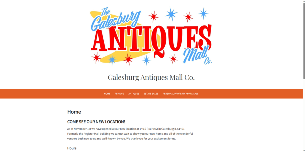 Homepage of Galesburg Antiques Mall Co.'s website  galesburgantiquesmall.com