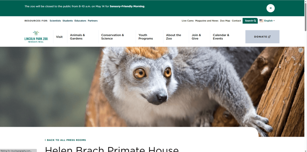 Homepage of Helen Brach Primate House's website / www.lpzoo.org