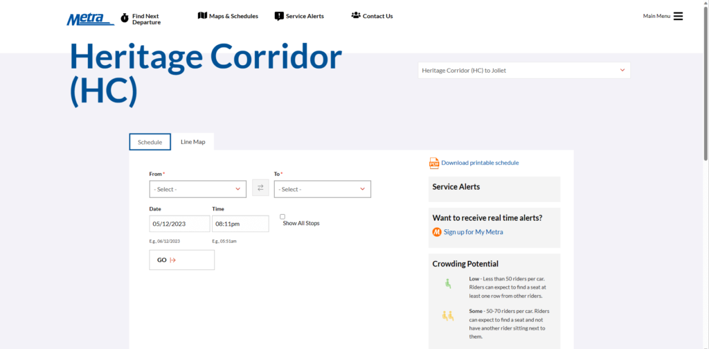 Homepage of Heritage Corridor Metra Line's website / ridertools.metrarail.com