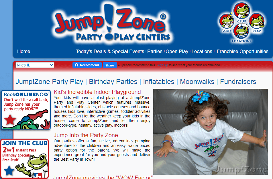 Homepage of Jump!Zone Niles / jumpzoneparty.com/


Link: https://www.jumpzoneparty.com/
