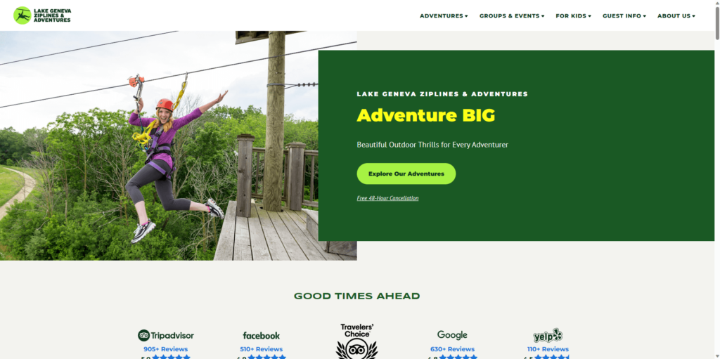 Homepage of Lake Geneva Zip Lines & Adventures' website / www.lakegenevaadventures.com