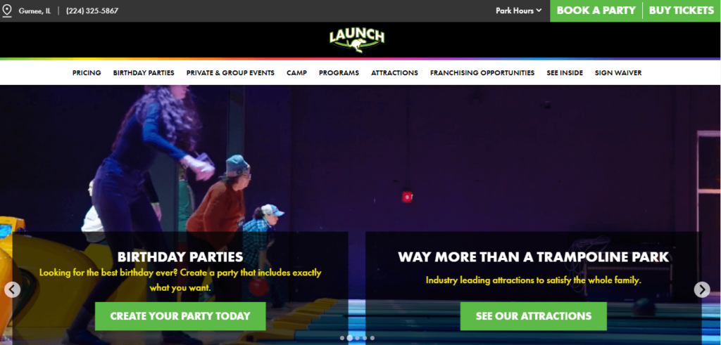 Homepage of Launch Trampoline Park Gurnee / launchtrampolinepark.com/gurnee


Link: https://launchtrampolinepark.com/gurnee/
