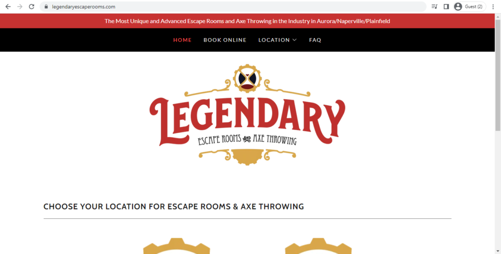 Homepage of Legendary Escape Rooms & Axe Throwing 
Link: https://legendaryescaperooms.com/