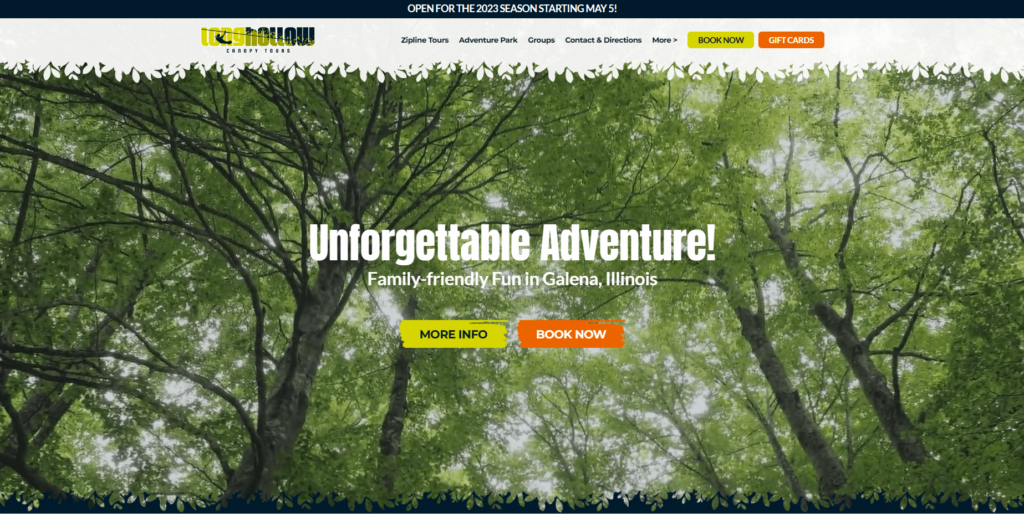 Homepage of Long Hollow Canopy Tours' website / longhollowcanopytours.com

Link: https://longhollowcanopytours.com/