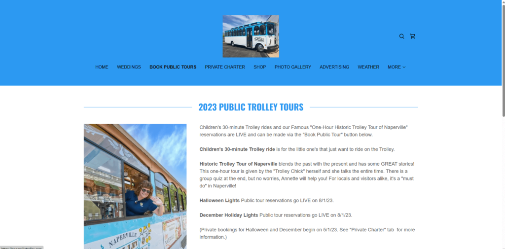 Homepage of Naperville Riverwalk Trolley's website / napervilletrolley.com