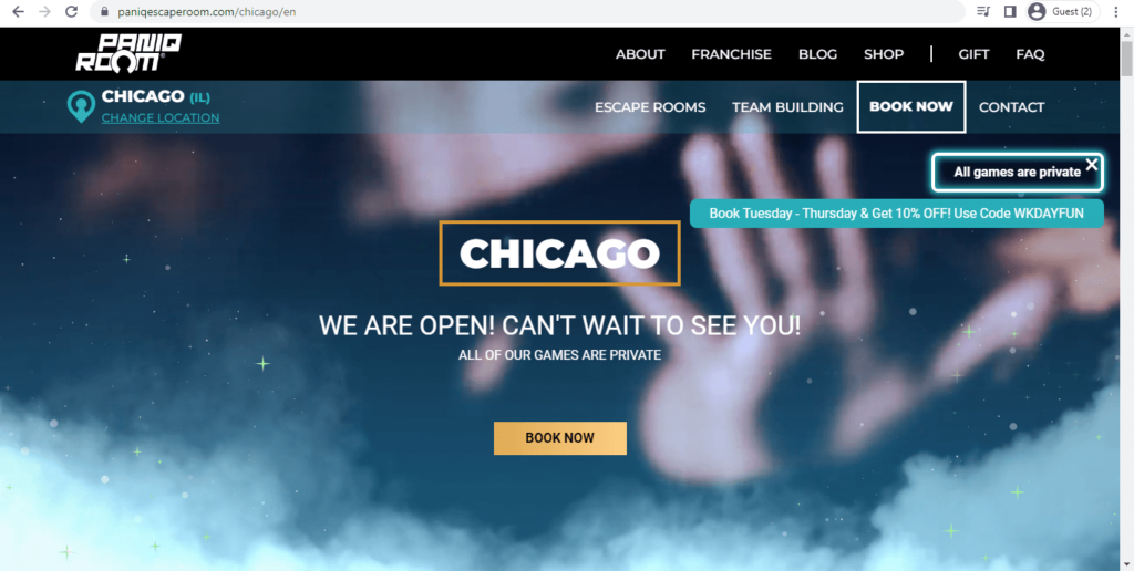 Homepage of PanIQ Escape Room Chicago 
Link: https://paniqescaperoom.com/chicago/en