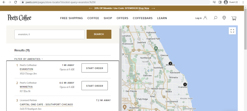 Homepage of Peet's Coffee 
Link: https://www.peets.com/pages/store-locator?stockist-query=evanston,%20il