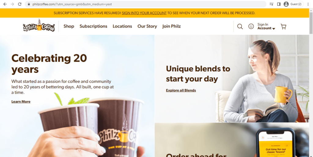 Homepage of Philz Coffee 
Link: https://philzcoffee.com/?utm_source=gmb&utm_medium=yext