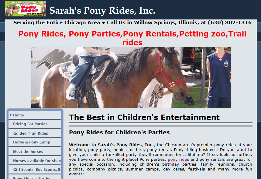 Homepage of Sarah's Pony Rides' website / sarahsponyrides.com