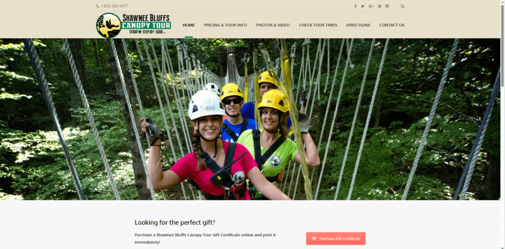 Homepage of Shawnee Bluffs Canopy Tour's website / www.shawneezip.com