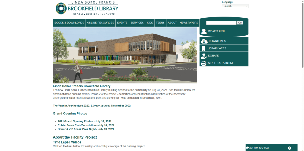 Homepage of Sokol Francis Brookfield Library's website / www.brookfieldlibrary.info