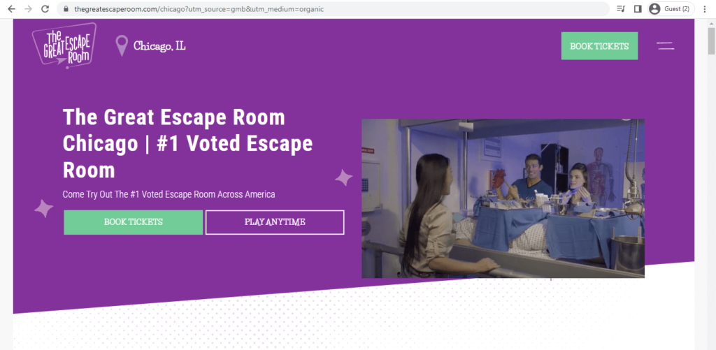 Homepage of The Great Escape Room Chicago 
Link: https://thegreatescaperoom.com/chicago?utm_source=gmb&utm_medium=organic