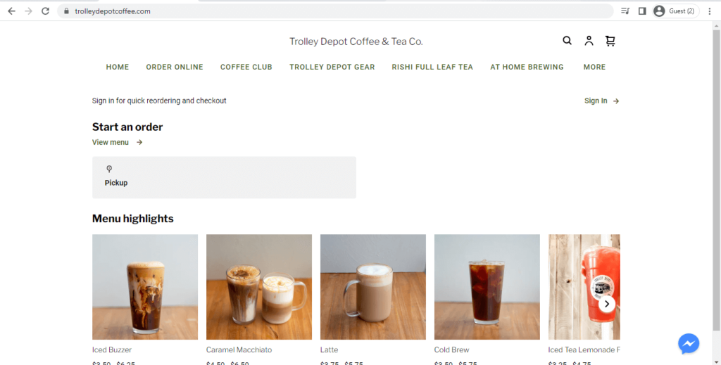 Homepage of Trolley Depot Coffee & Tea Co 
Link: trolleydepotcoffee.com