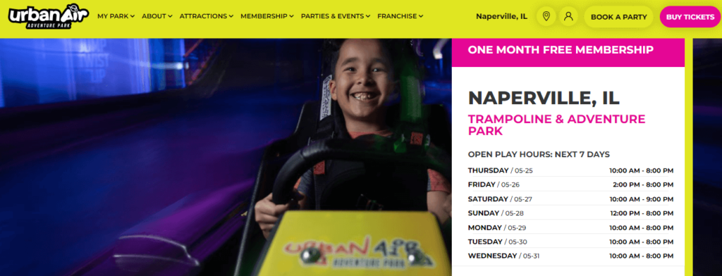 Homepage of Urban Air Trampoline and Adventure Park (Naperville) / urbanair.com/illinois-naperville


Link: https://www.urbanair.com/illinois-naperville/
