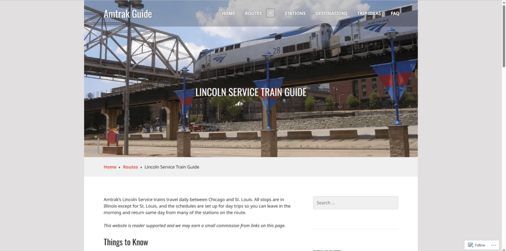 Homepage of the Amtrak Lincoln Service Joliet Line's website / amtrakguide.com