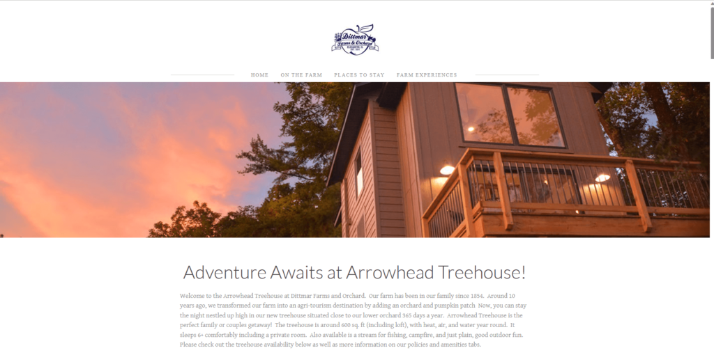 Homepage of the Arrowhead Treehouse's website / www.dittmarfarms.com