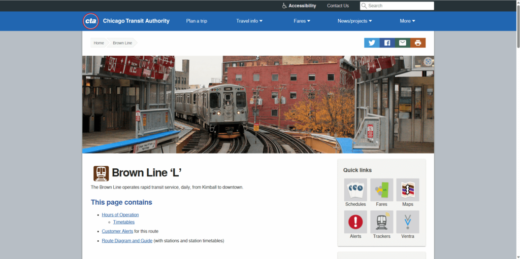 Homepage of the L Brown Line's website / www.transitchicago.com