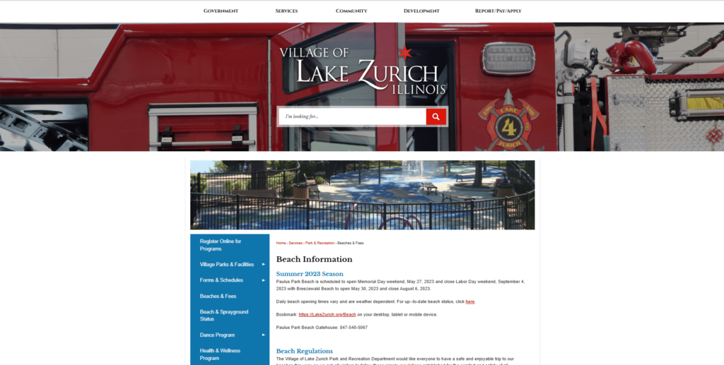 Homepage of the Paulus Park's website / lakezurich.org

Link: https://lakezurich.org/482/Beaches-Fees