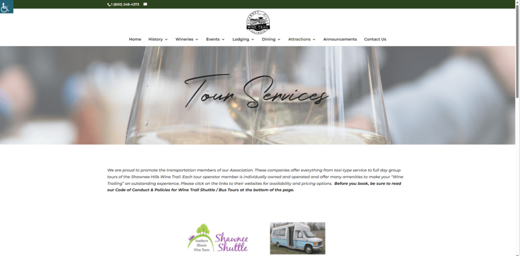 Homepage of the Southern Illinois Wine Trail Trolley's website / www.shawneewinetrail.com