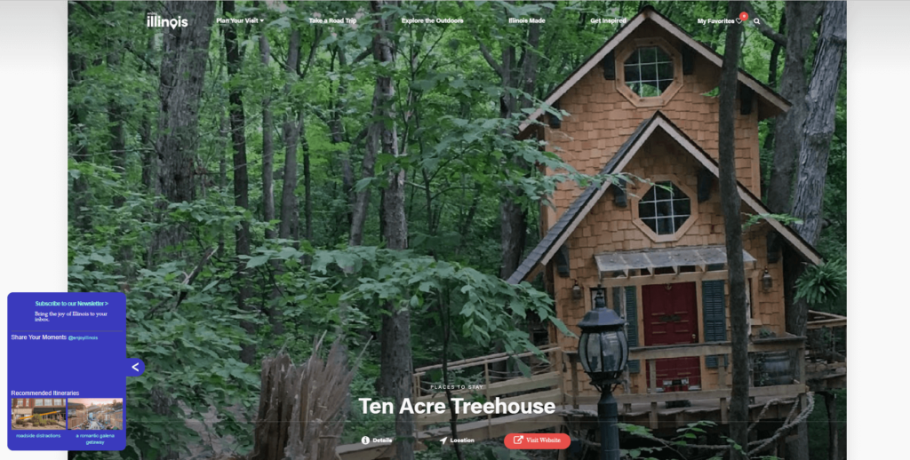 Homepage of the Treehouse on 10 Acres' website / www.enjoyillinois.com

Link: https://www.enjoyillinois.com/explore/listing/ten-acre-treehouses-1/