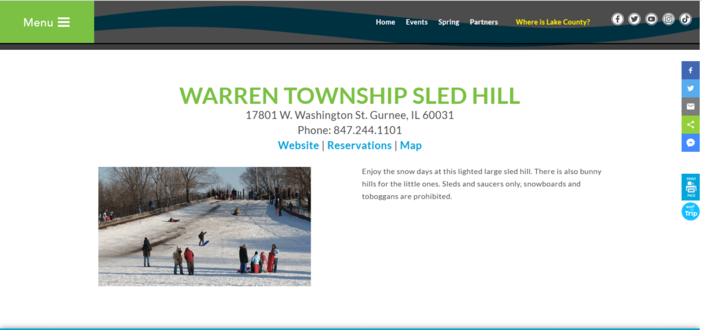 Homepage of the Warren Township Sled Hill's website / www.visitlakecounty.org