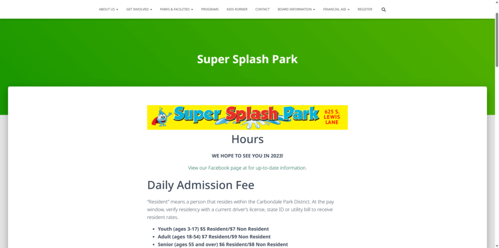 Homepage of Carbondale Super Splash Park's website / cpkd.org