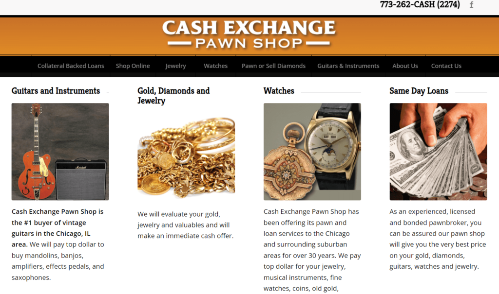 Homepage of Cash Exchange Pawn Shop website / pawnbrokerchicago.com