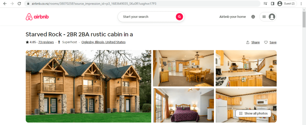 Starved Rock - 2BR 2BA rustic cabin in a beautiful setting as seen on Airbnb's website
Link: https://www.airbnb.co.nz/rooms/38070258?source_impression_id=p3_1683649035_SKu0R1usghvx17P3
