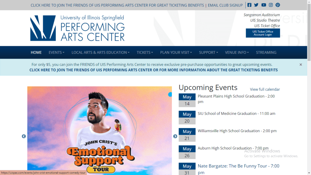 Homepage of UIS Performing Arts Center's website / uispac.com