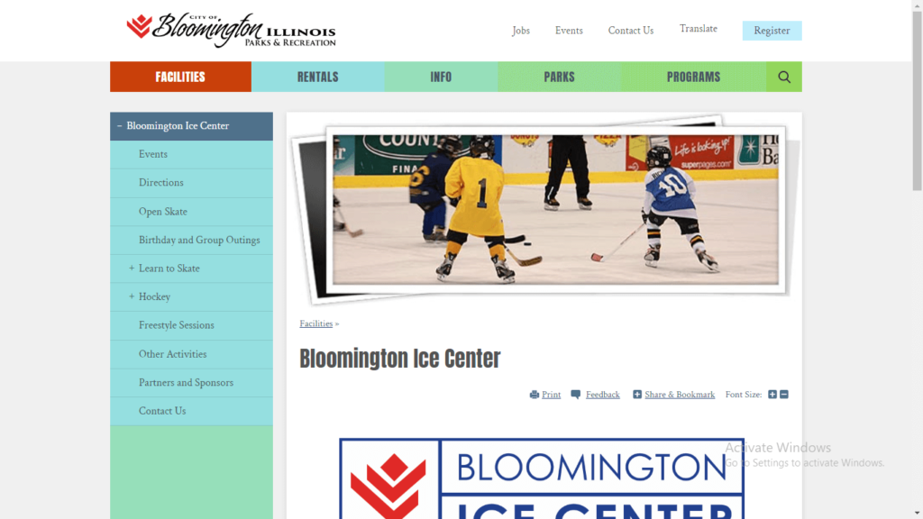 Homepage of Bloomington Ice Center's website / bloomingtonparks.org