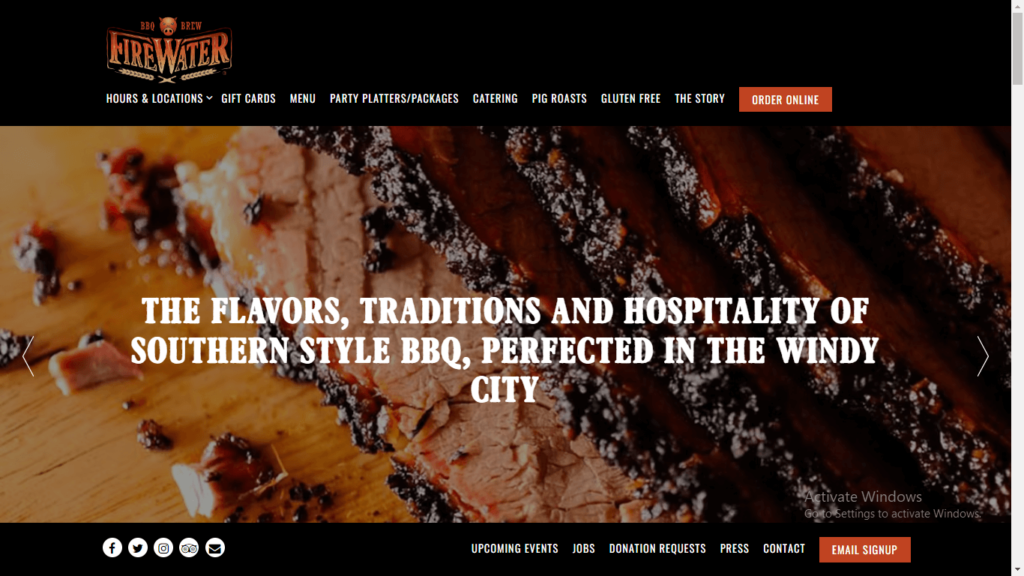Homepage of Firewater BBQ's website / firewaterbbq.com