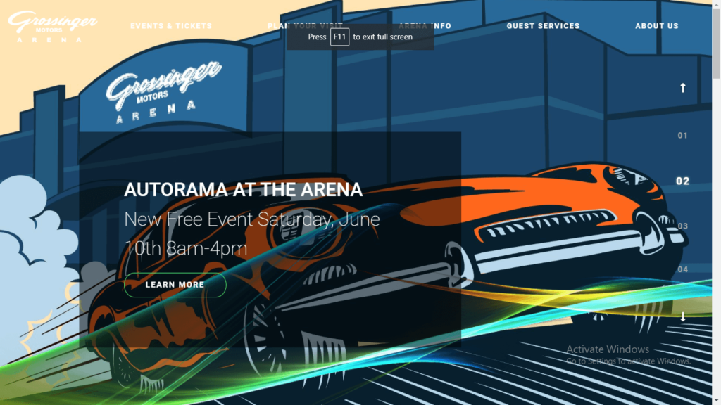 Homepage of Grossinger Motors Arena's website / grossingermotorsarena.com