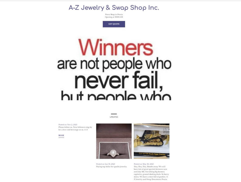 Homepage of A=Z Jewelry & Swap Shop website / a-zpawnpeoria.business.site