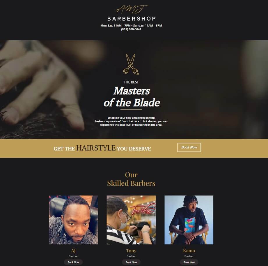 Homepage of AMJ Barber Shop website / amjbarbershop.com