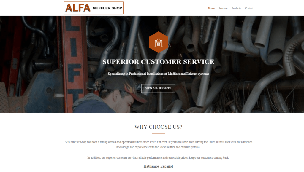 Homepage of Alfa Muffler Shop website / alfamufflershop.com