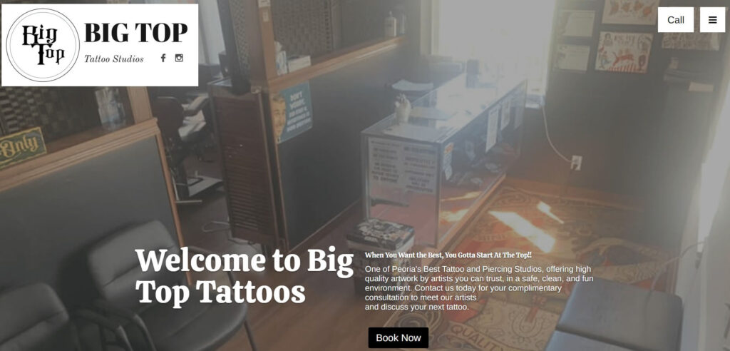 Homepage of Big Top Tattoo Studios website / bigtoptats.com