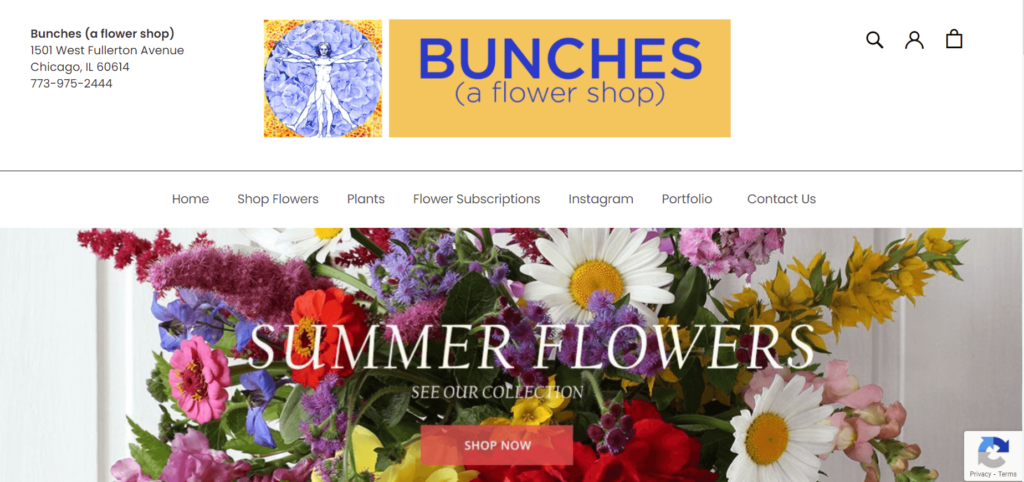 Homepage of Bunches Flower Shop website / buncheschicago.com