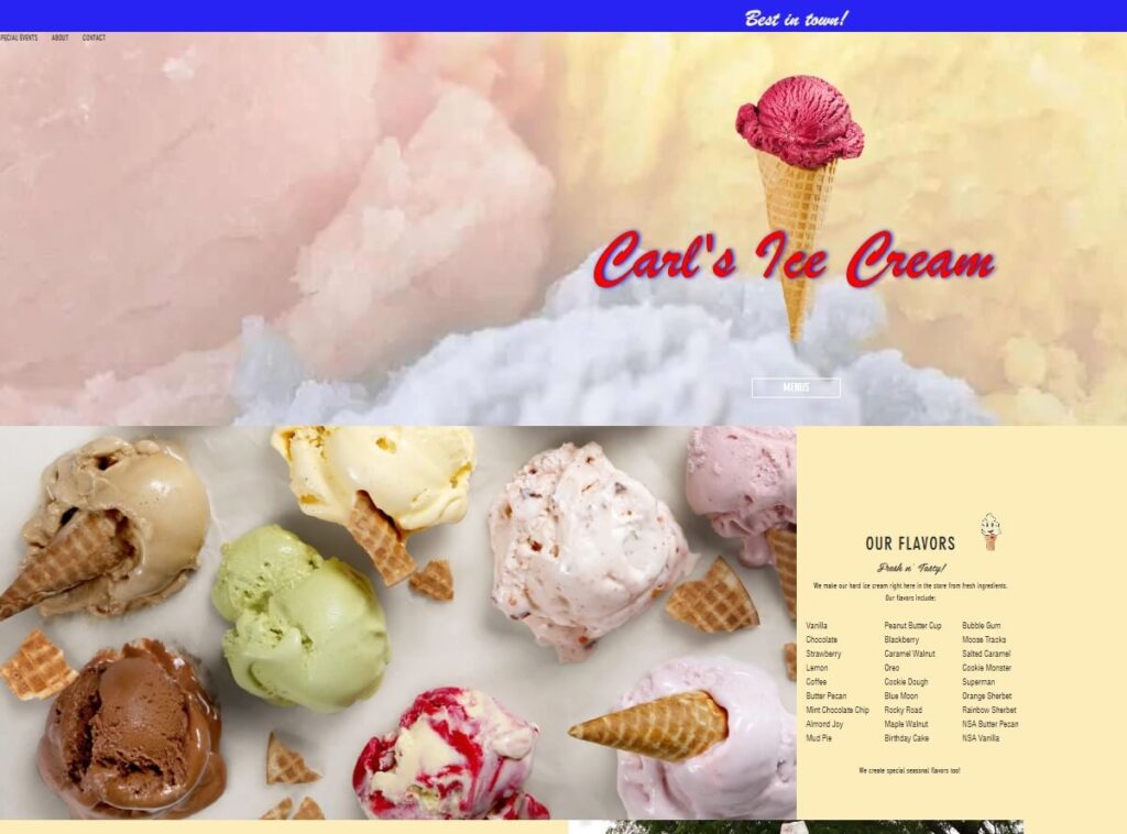 Homepage of Carl's Ice Cream website / carlsicecream.com