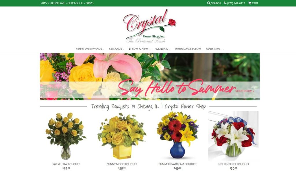 Homepage of Crystal Flower Shop website / crystalflowershop.com