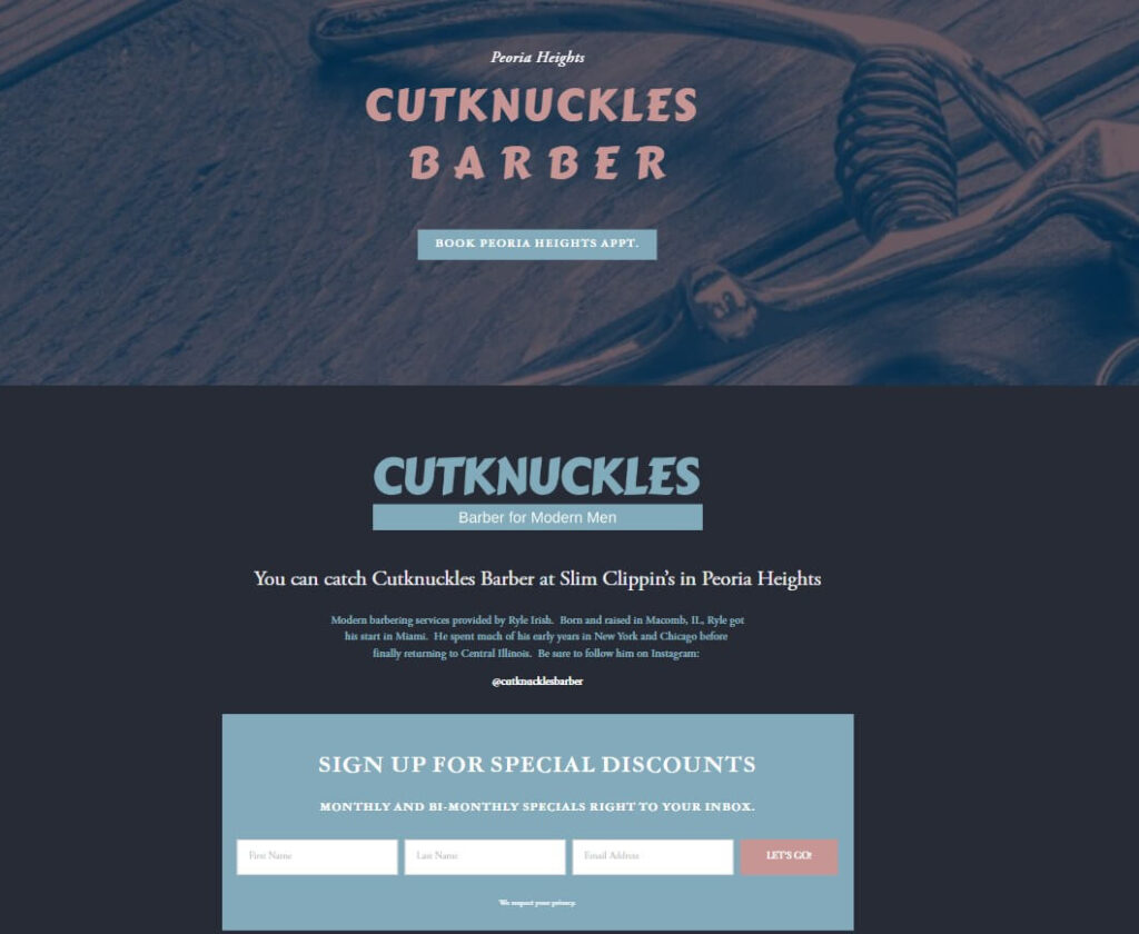 Homepage of Cutknuckles website / cutknucklesbarber.com