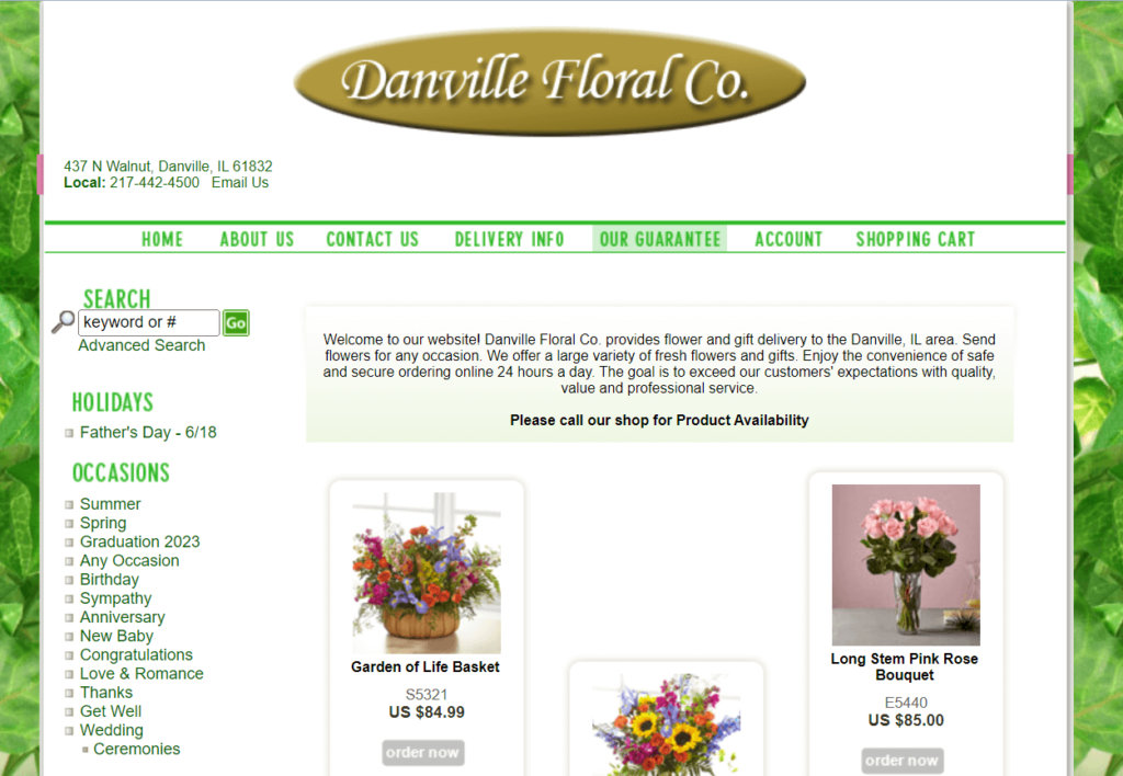 Homepage of Danville Floral Co website / danvillefloral.net