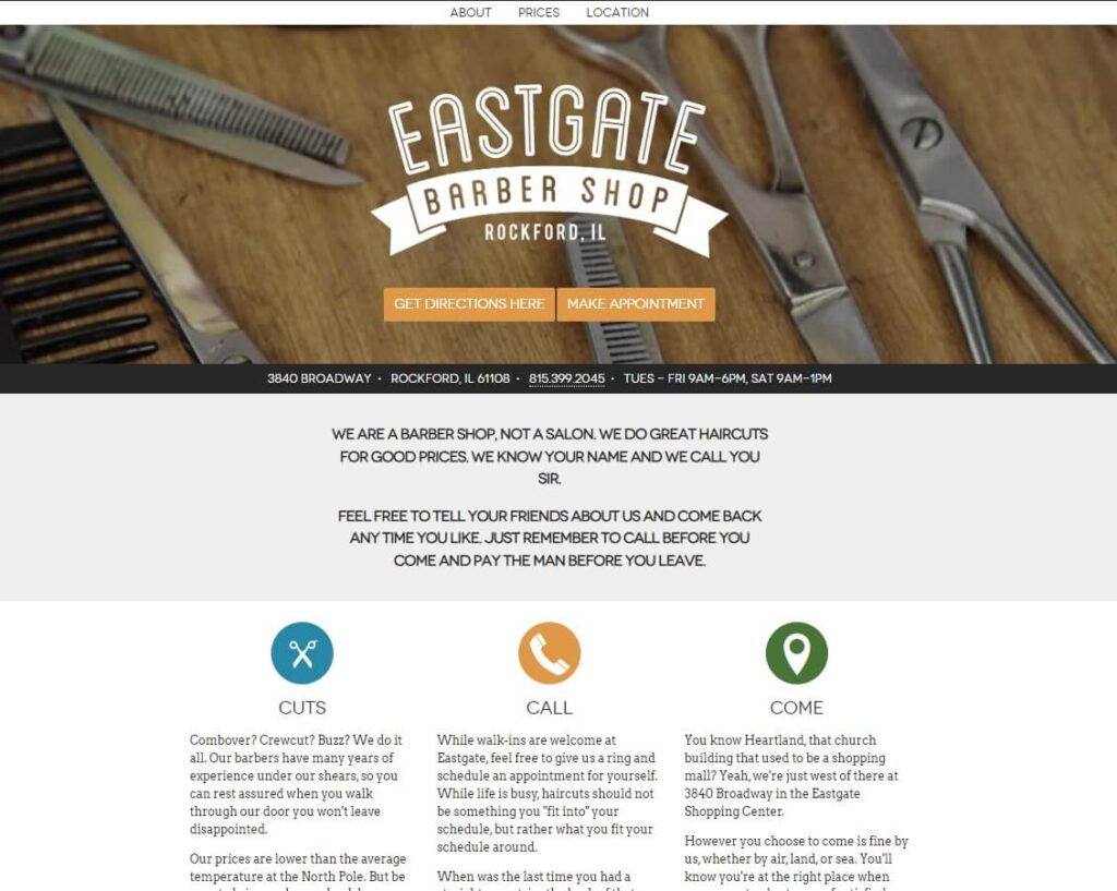 Homepage of East Gate Barber Shop website / rockfordbarber.com