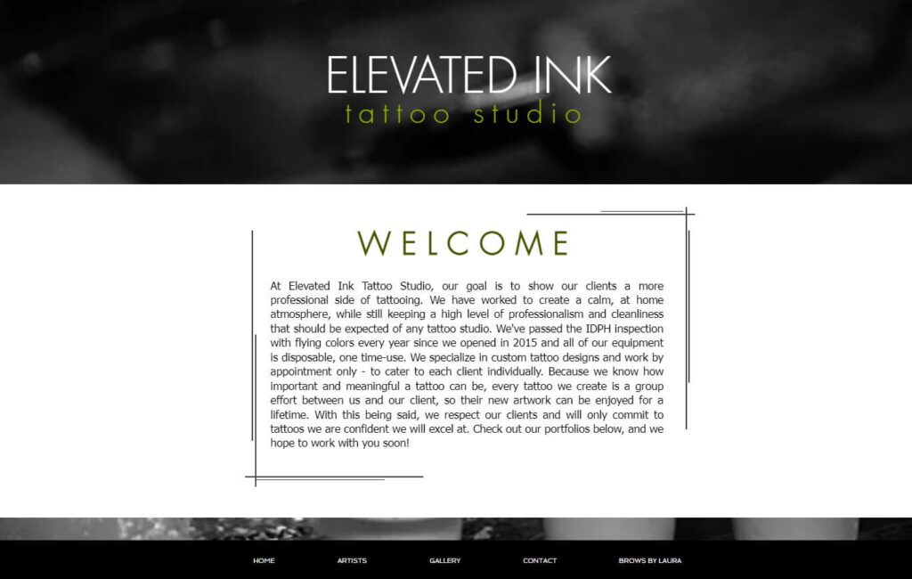 Homepage of Elevated Ink Tattoo Studio website / elevatedinktattoostudio.com