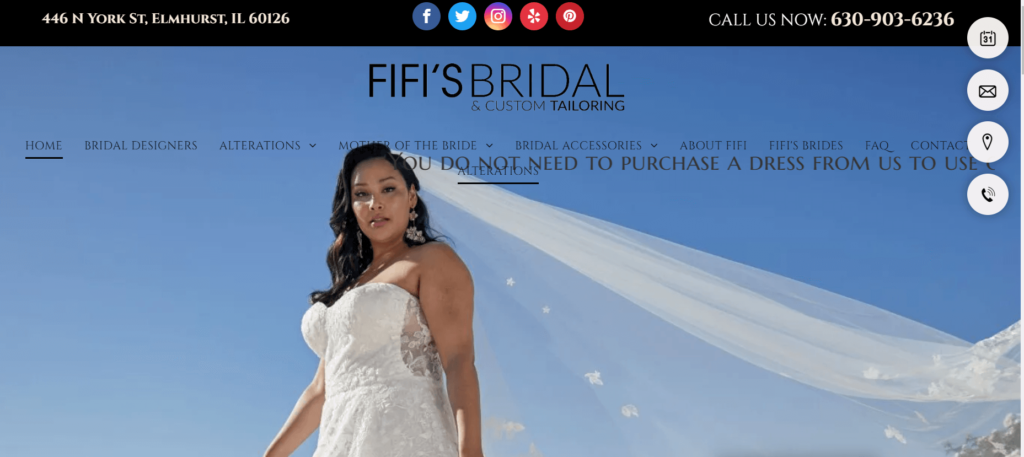 Homepage of Fifi's Bridal & Custom Tailoring website / fifistailor.com