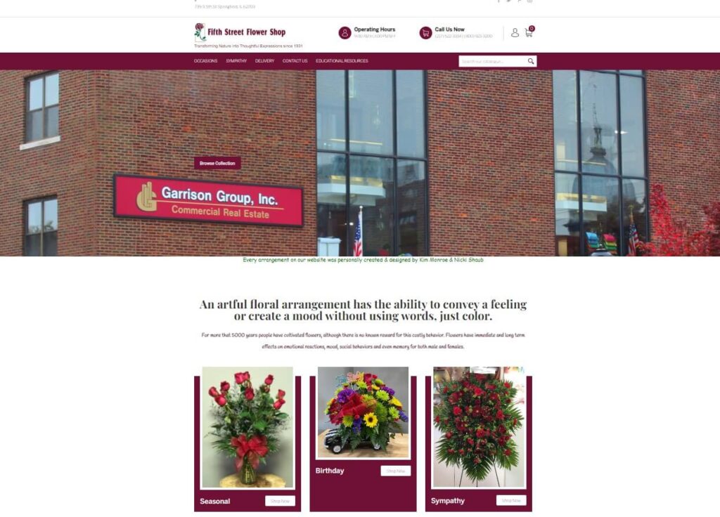 Homepage of Fifth Street Flower Shop website / fifthstreetflowershop.com